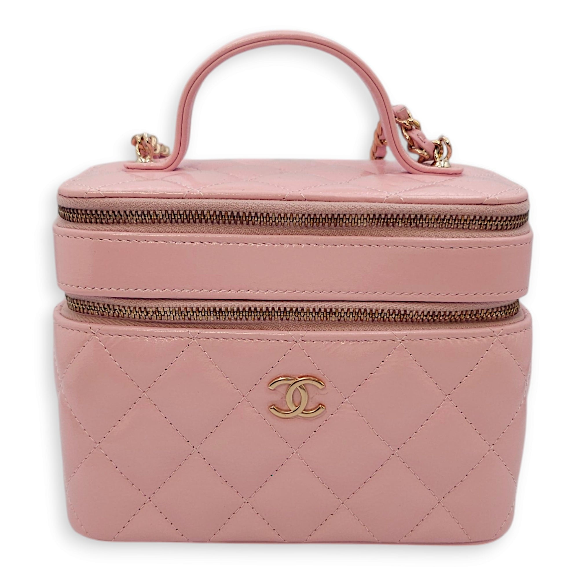 Double Layer 16x13x8.5cm Pink Vanity Bag in Glazed Calf, Gold hardware