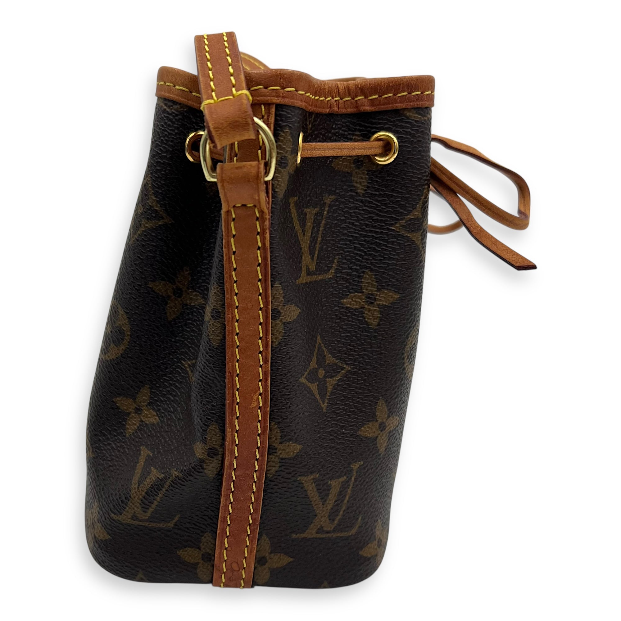 Noe Bucket Bag Nano Brown in Monogram Coated Canvas, Gold hardware - Image 4