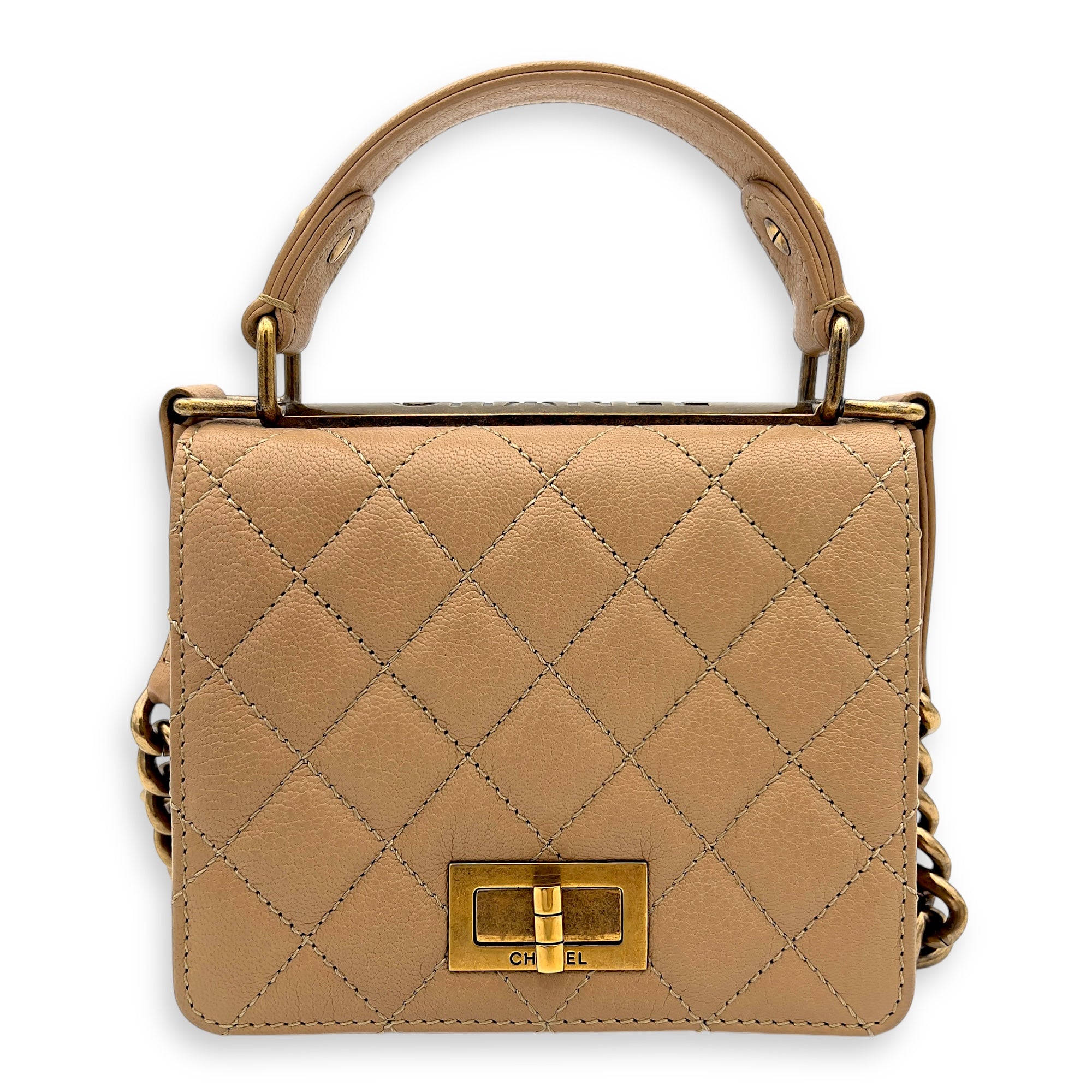 Rita Top Handle Bag Brown in Calfskin, Gold hardware
