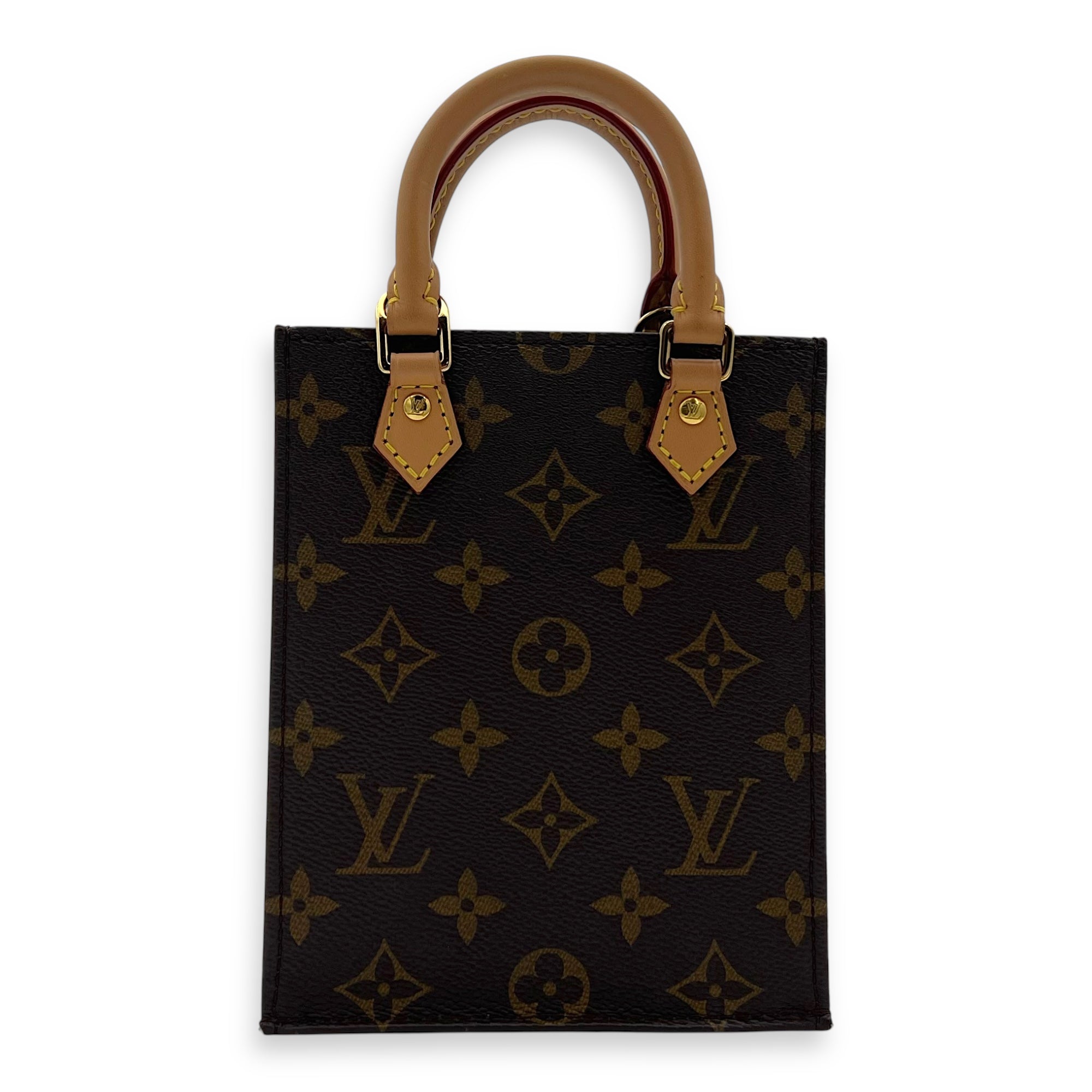 Sac Plat Petite Brown Top Handle Bag in Monogram Coated Canvas, Gold hardware