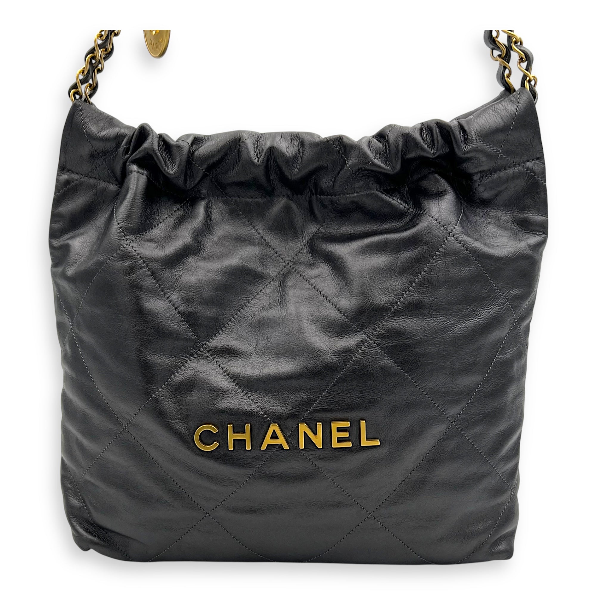 22 Tote Small Grey Tote Bag in Calfskin, Gold hardware