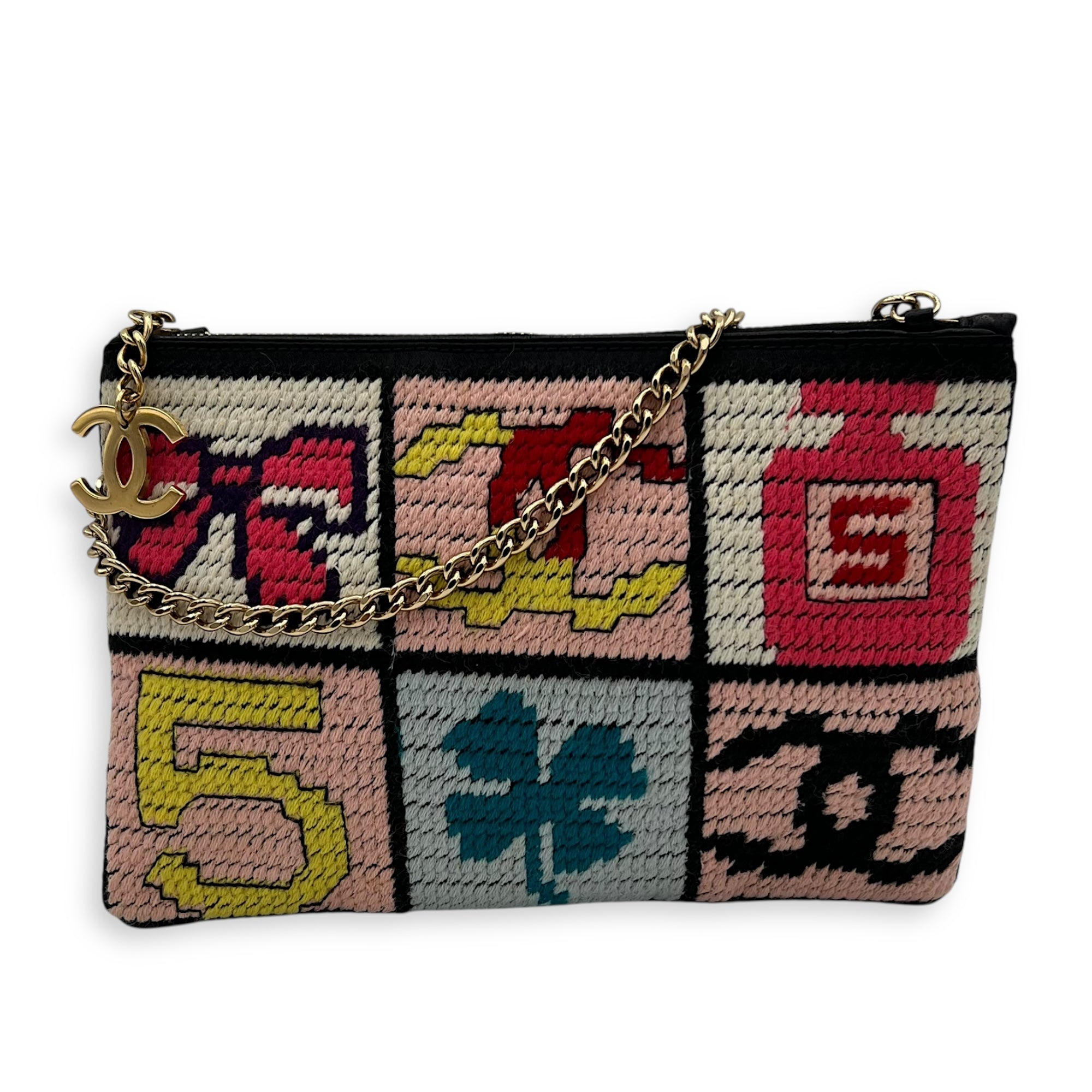Patchwork Clutch Multi-colour in Knit, Gold hardware - Image 11