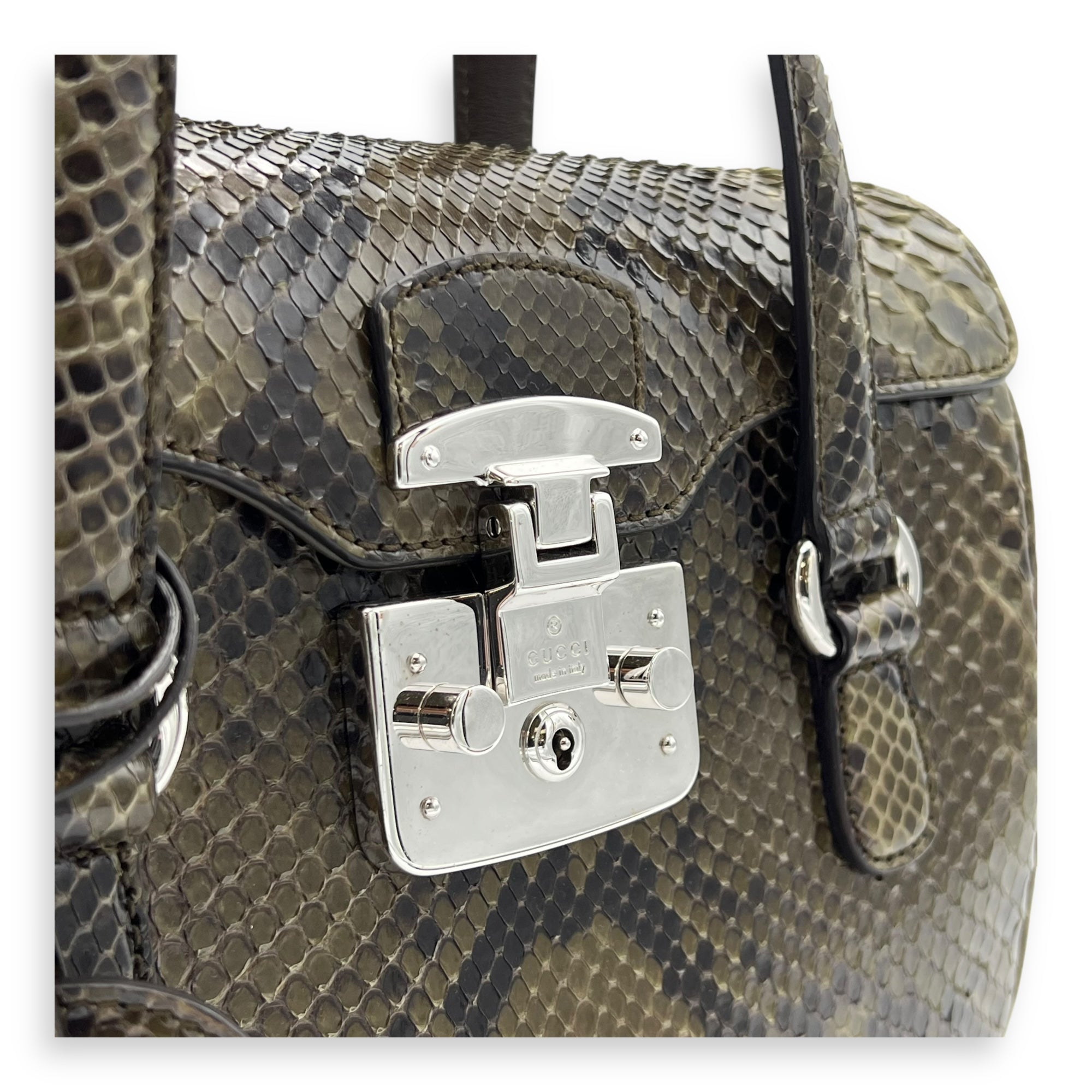 Flap Green Top Handle Bag in Snake Skin, Silver hardware - Image 8
