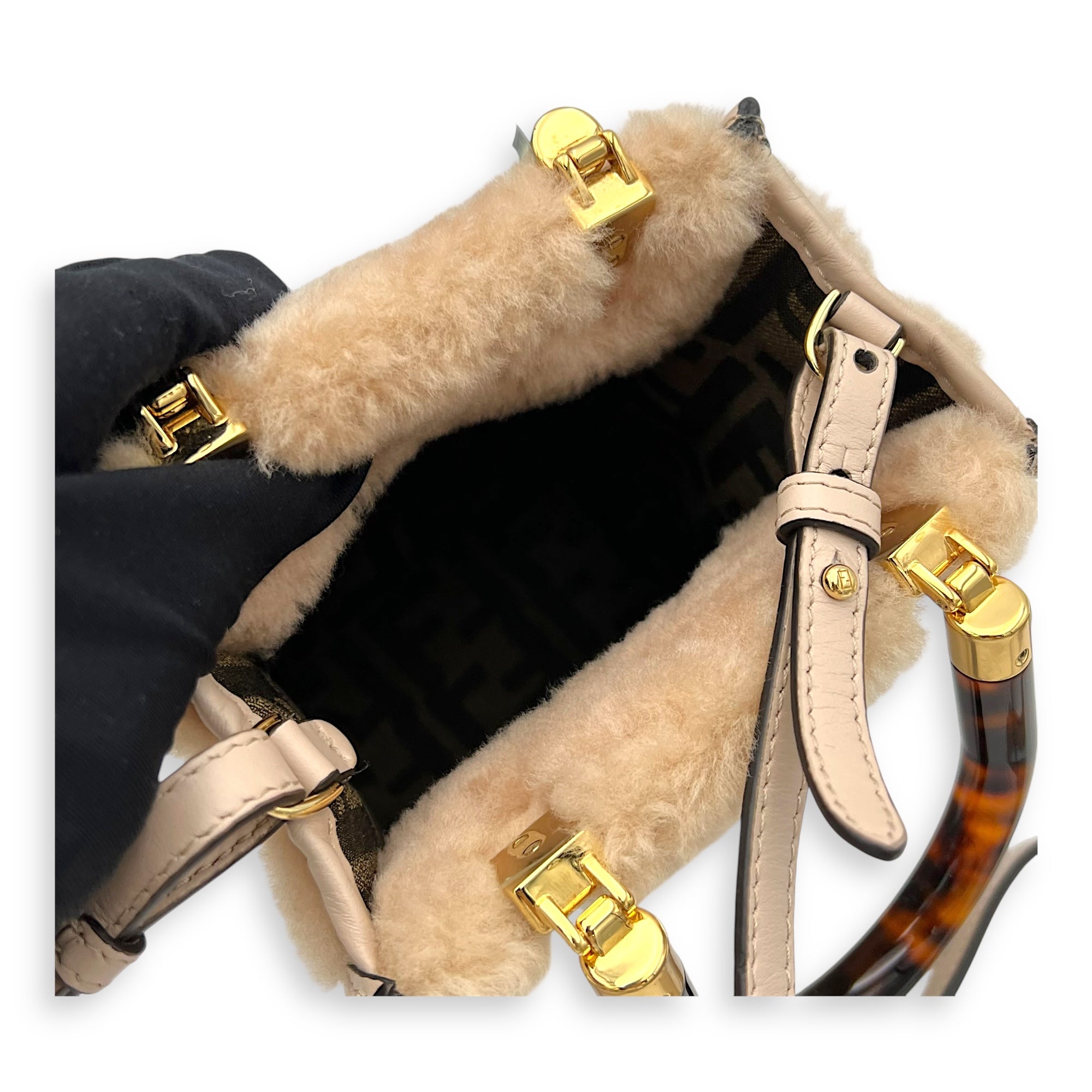 Sunshine Top Handle Bag Mini Beige in Faux Fur, Gold hardware - Image 9