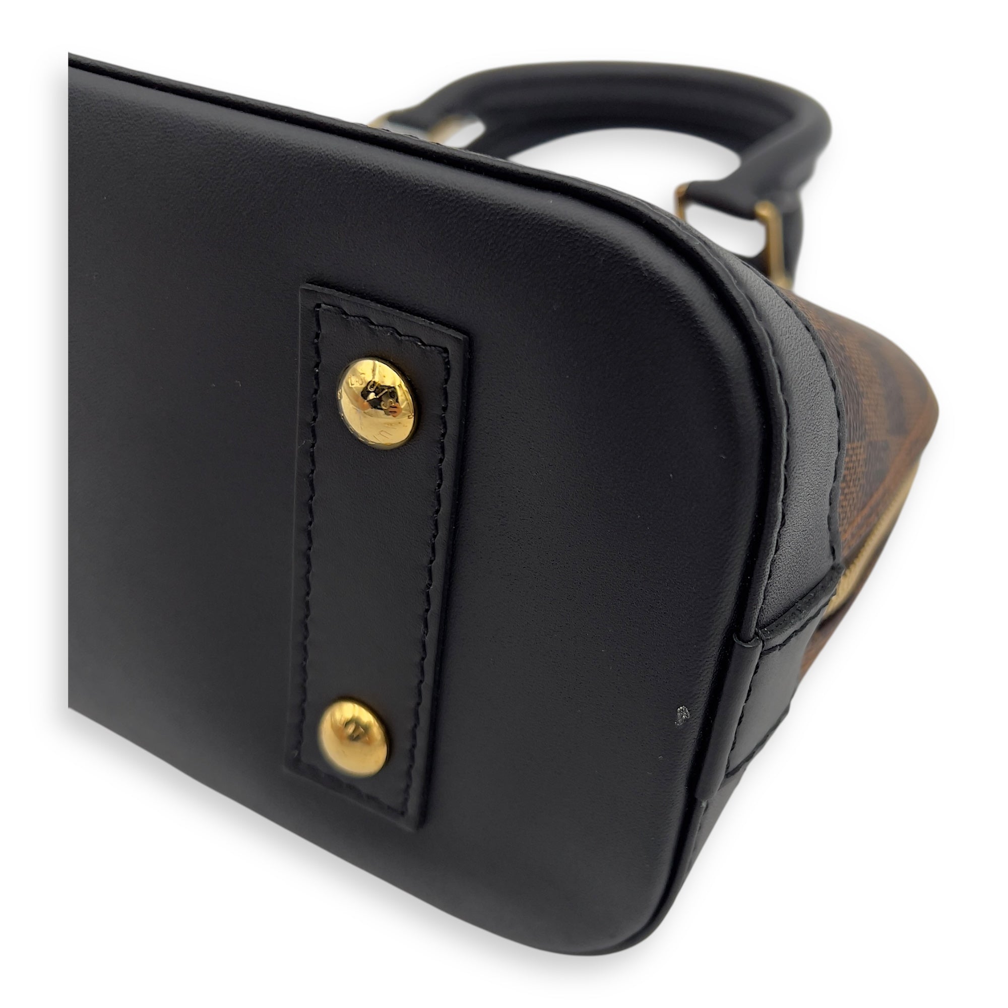 Karakoram Alma BB Damier Ebene Top Handle Bag in Coated Canvas, Gold hardware - Image 10