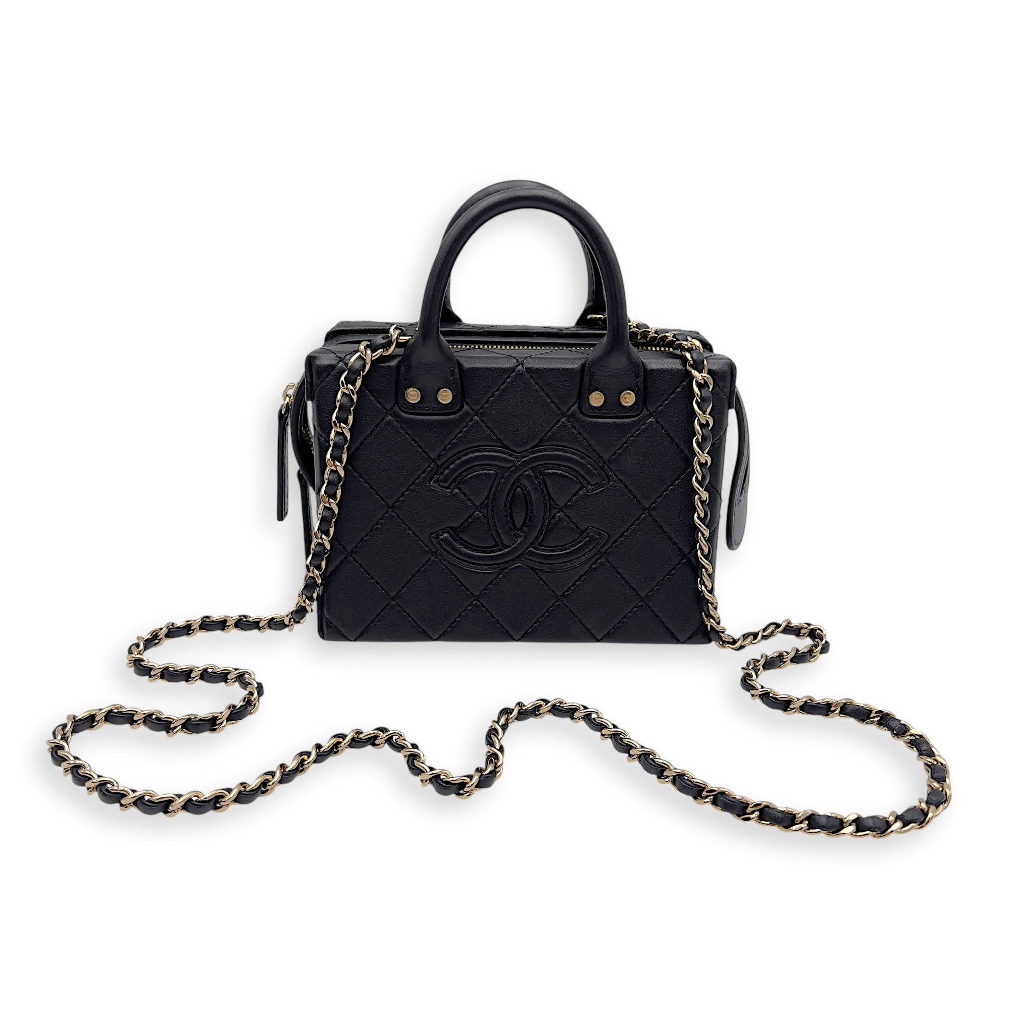 CC Black Top Handle Bag in Calfskin, Gold hardware - Image 10