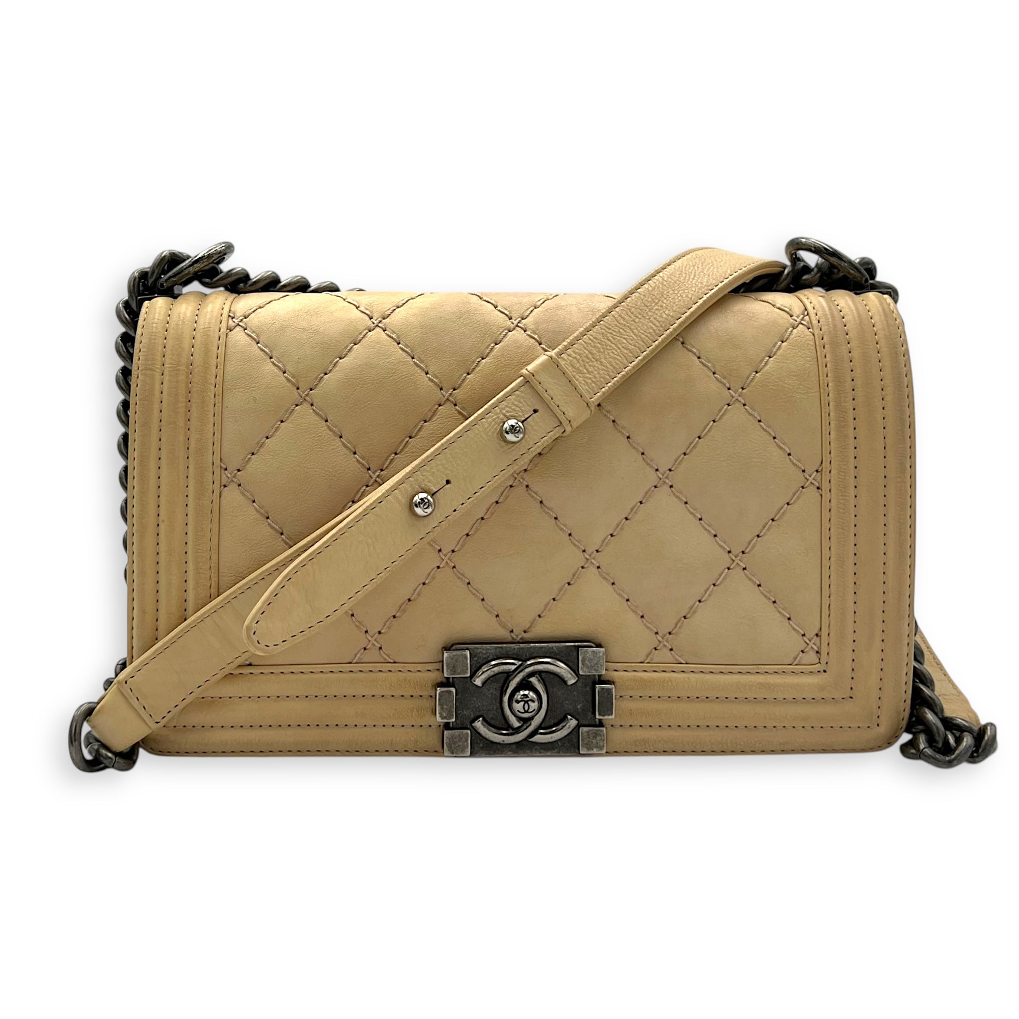 Boy Crossbody Bag Medium Beige in Calfskin, Silver hardware - Image 13