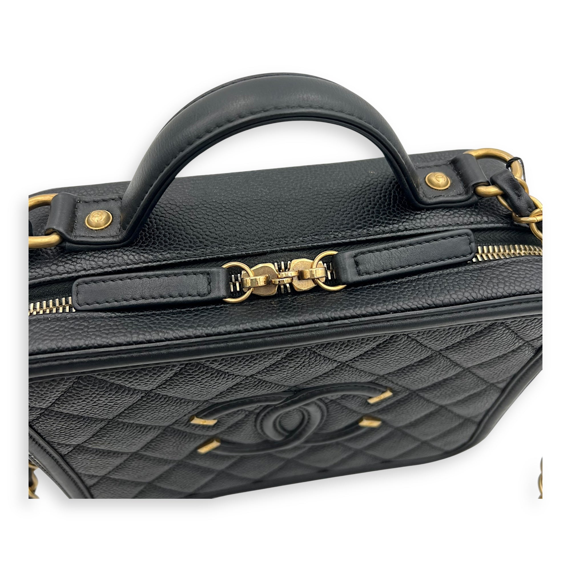 Filigree Medium Black Top Handle Bag in Caviar Leather, Gold hardware - Image 8