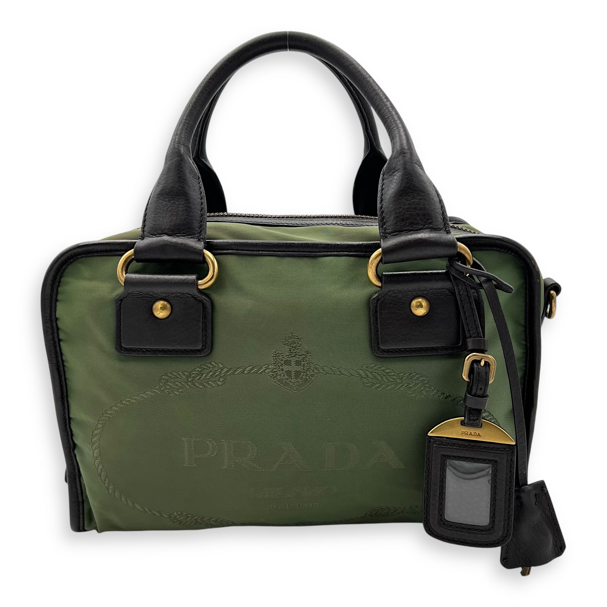 Logo Green Top Handle Bag in Jacquard Nylon, Gold hardware