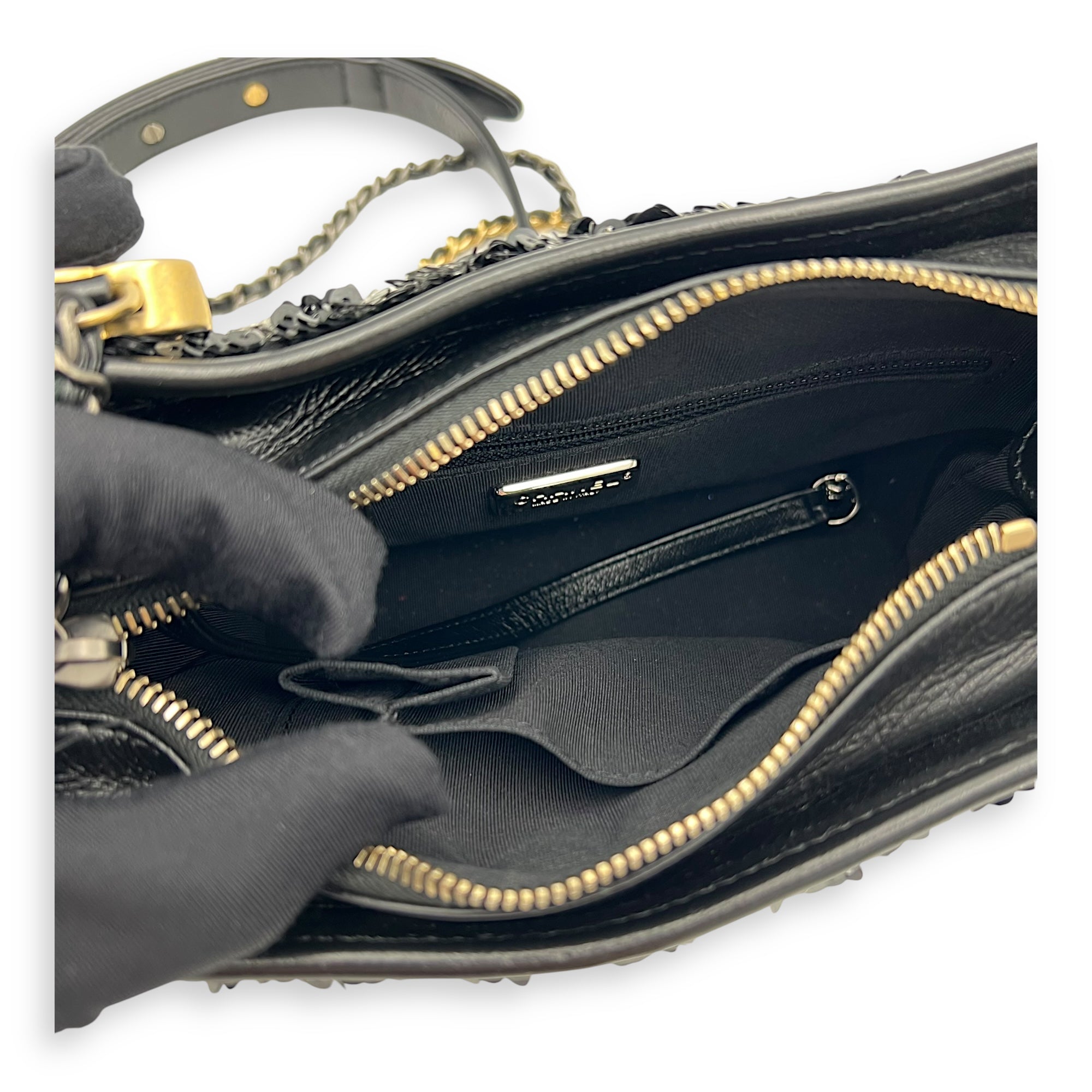 Gabrielle Small Black - White Shoulder Bag in Sequins, Gold hardware - Image 7