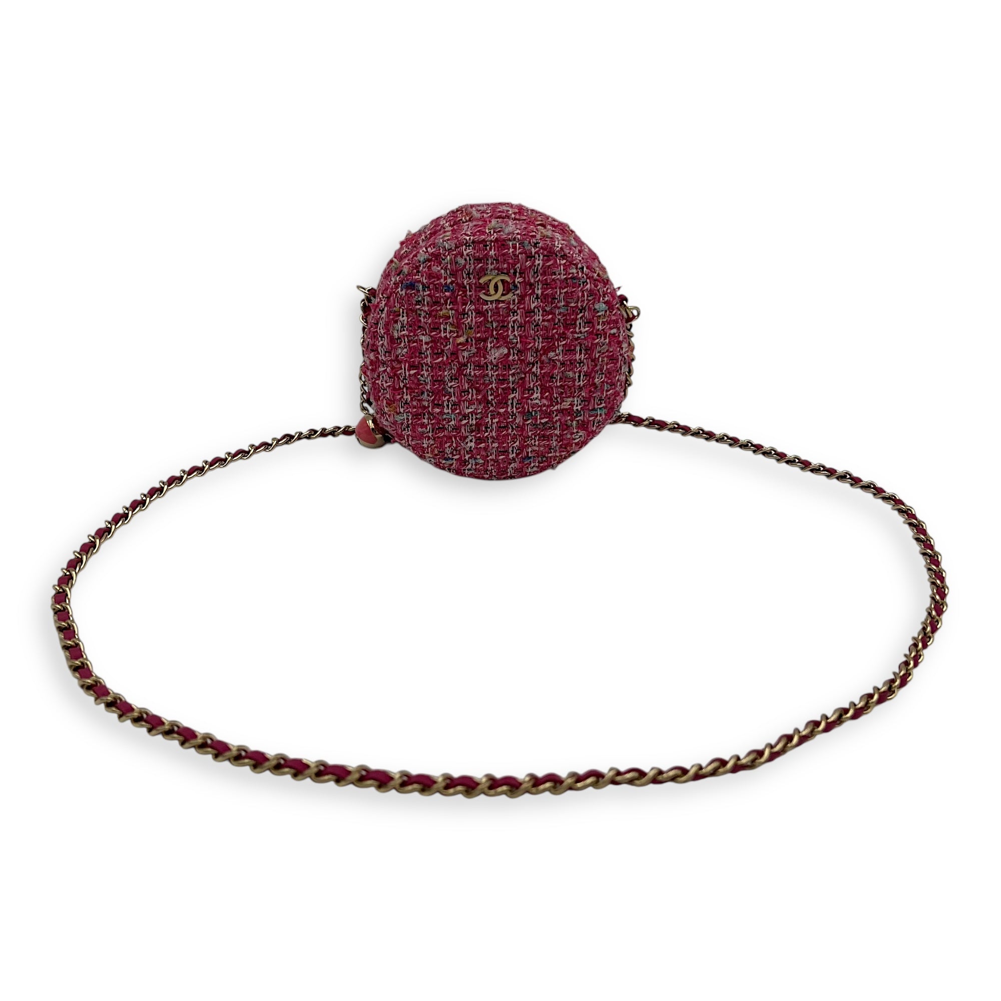 Round CC Pink Crossbody Bag in Tweed, Gold hardware - Image 8