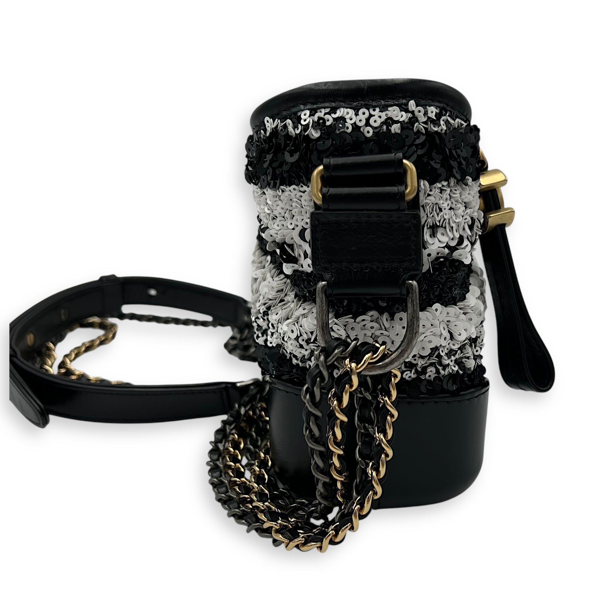 Gabrielle Small Black - White Shoulder Bag in Sequins, Gold hardware - Image 4