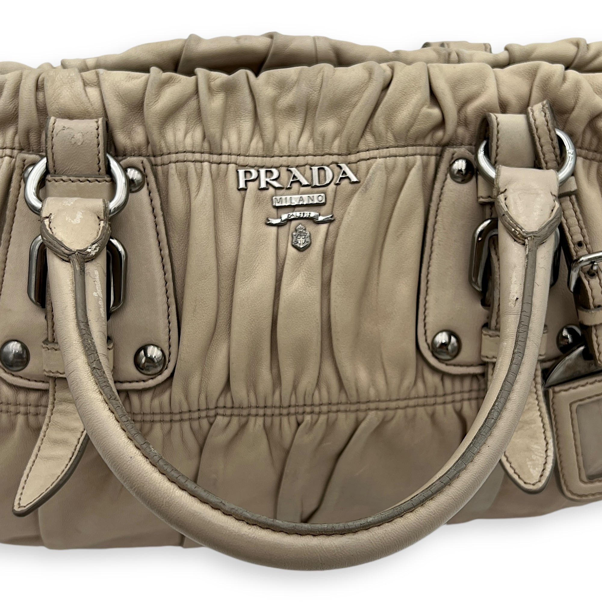 Gaufre Satchel Beige Top Handle Bag in Lambskin, Silver hardware - Image 10