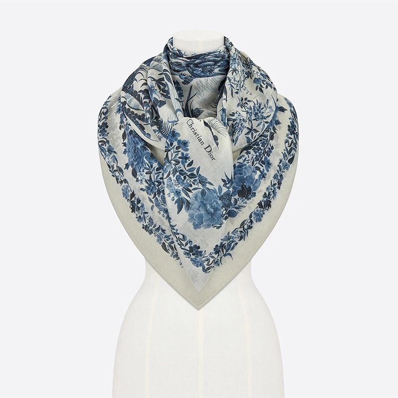 Dior Shawl Jardin d'Hiver Motif Cashmere and Silk Blue - Image 4